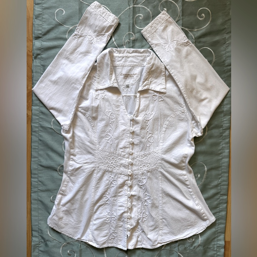 Caamano large 100% cotton embroidered button down blouse made in Peru EUC